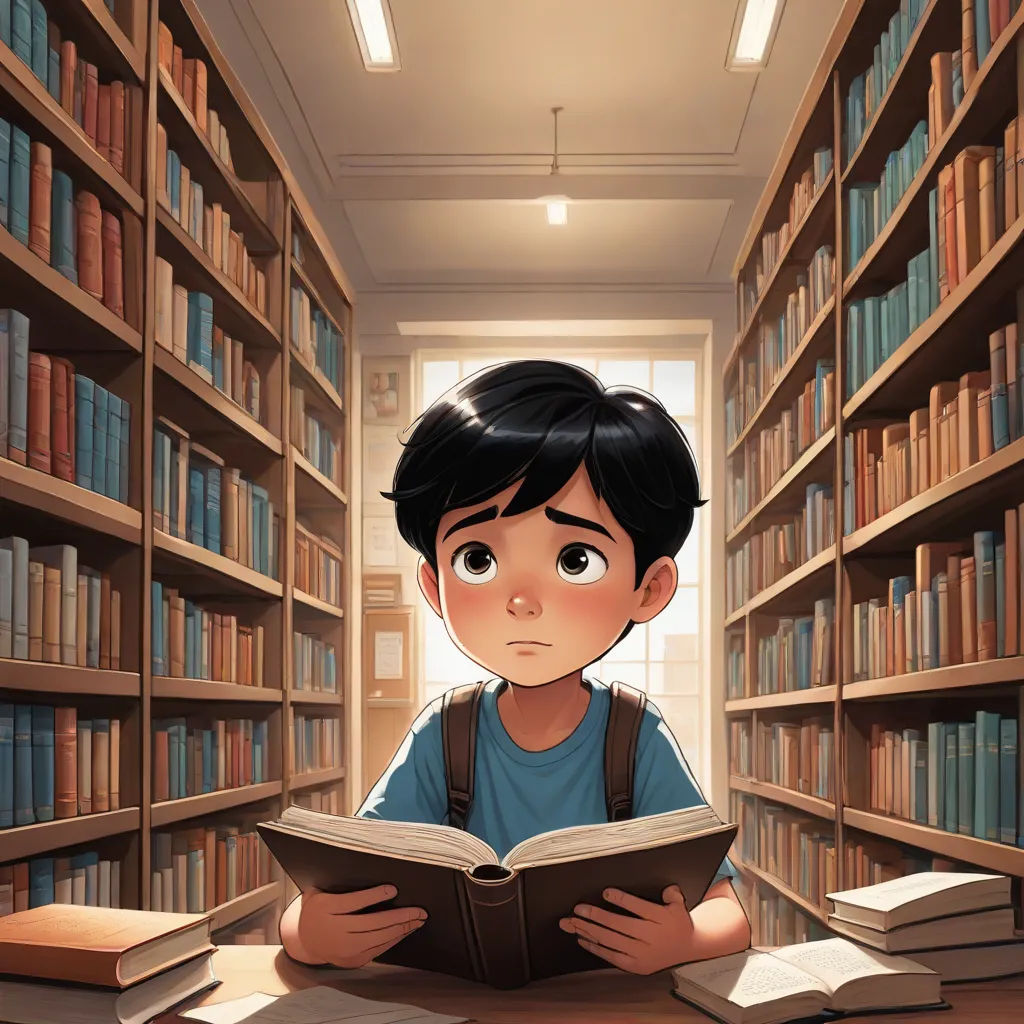 a boy reading a book in a library with bookshelves full of books behind him and a window, photorealism, a storybook illustration, Diego Gisbert Llorens, storybook illustration