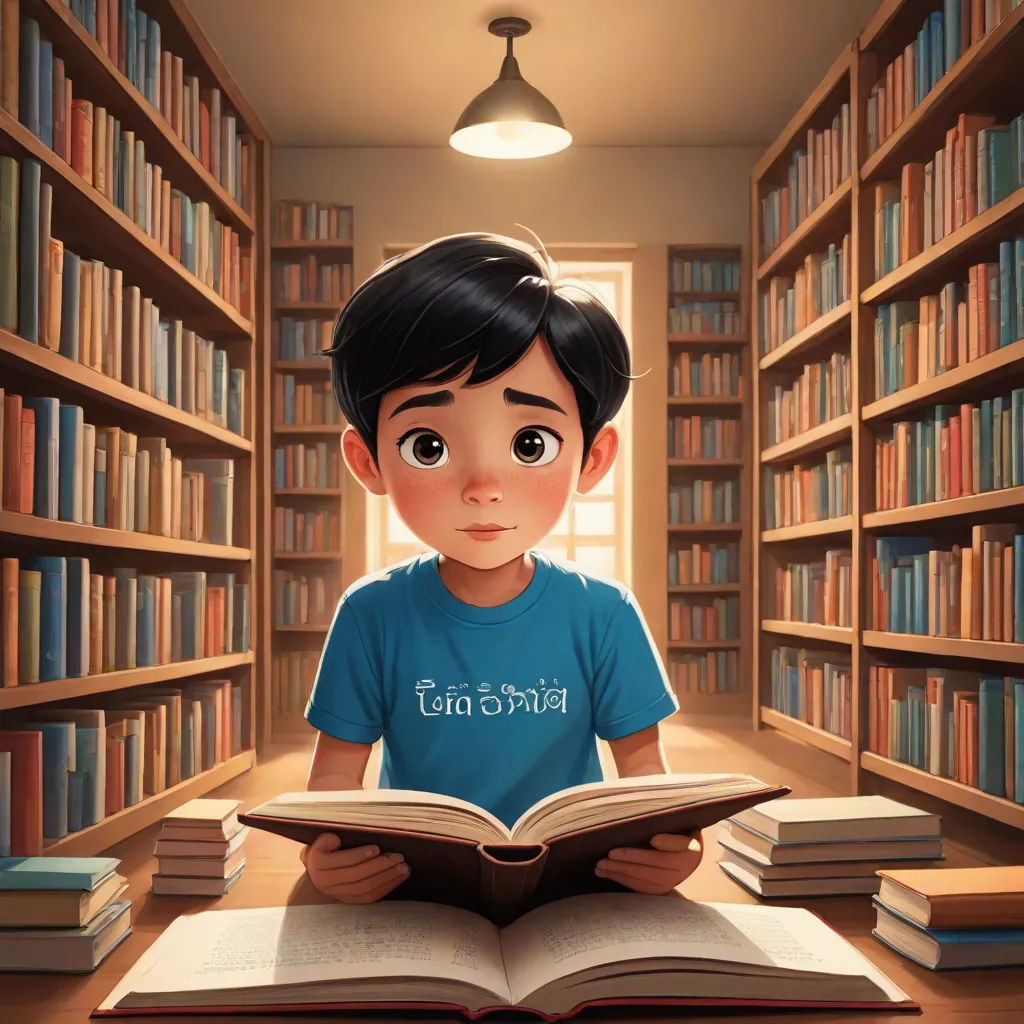 a boy reading a book in a library with a lot of books on the shelves behind him and a lamp above him, photorealism, a storybook illustration, Diego Gisbert Llorens, cgstudio