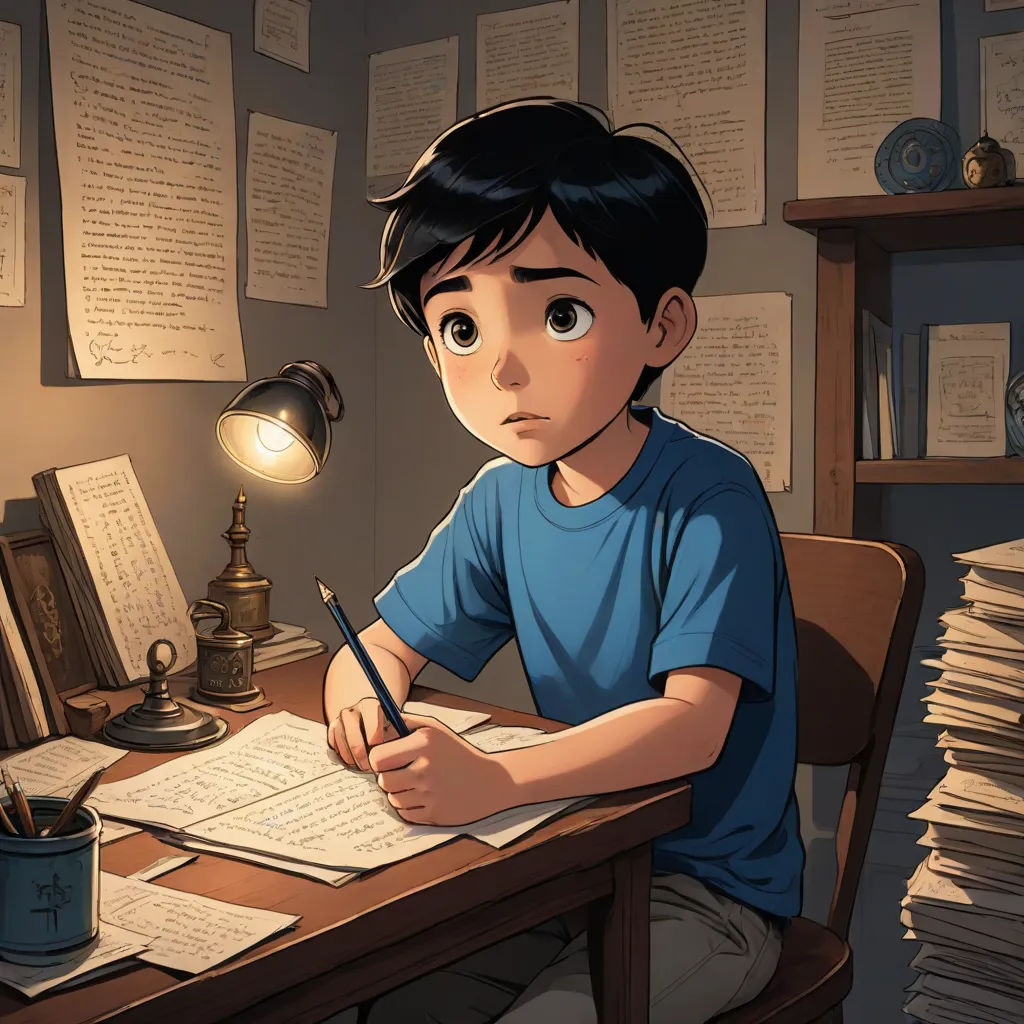a boy sitting at a desk with a pen and paper in front of him and a lamp on the desk, academic art, a storybook illustration, Diego Gisbert Llorens, rossdraws global illumination