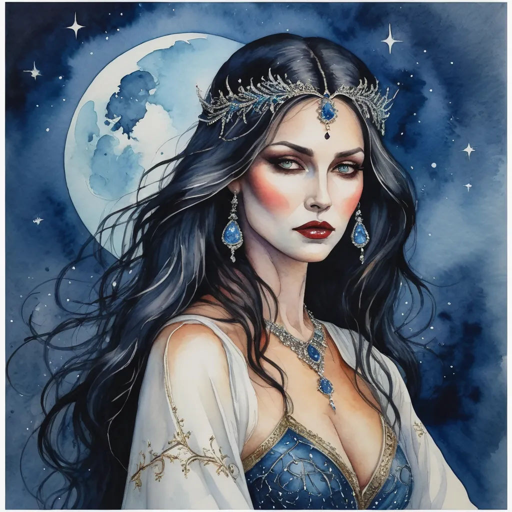 a painting of a woman with long hair and a crown on her head, wearing a blue dress and a moon in the background, gothic art, a detailed painting, Anne Stokes, fantasy artwork