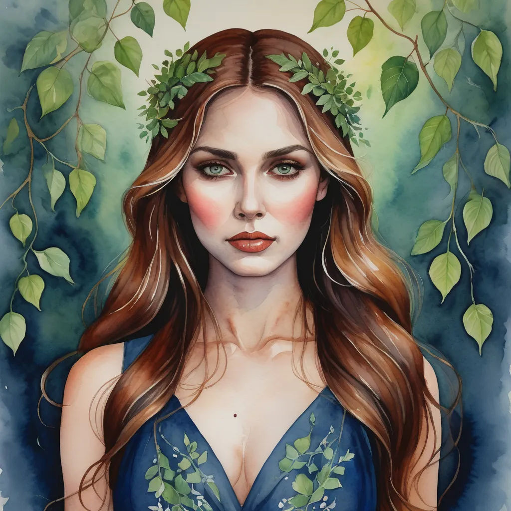 a painting of a woman with long hair and a wreath of leaves on her head, wearing a blue dress, figurative art, a watercolor painting, Amanda Sage, in gouache detailed paintings