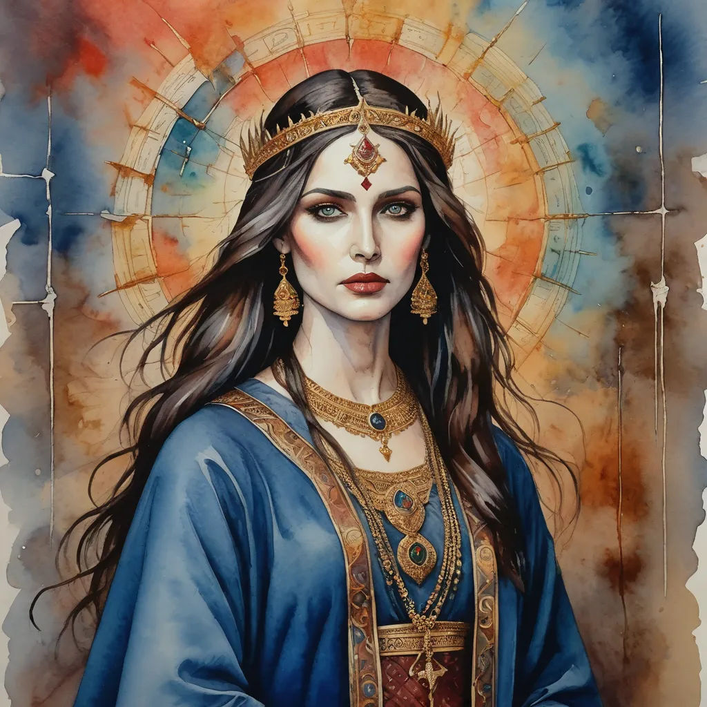 a painting of a woman wearing a crown and a blue dress with a gold halo around her head and a cross on her forehead, gothic art, a detailed painting, Donato Giancola, art noveau