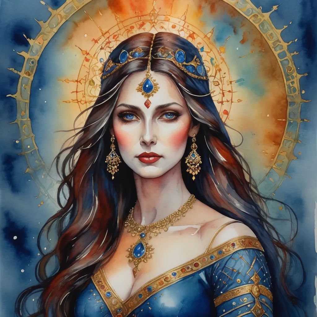 a painting of a woman wearing a blue dress and gold jewelry with a sun in the background and a blue sky, fantasy art, a watercolor painting, Amanda Sage, regal