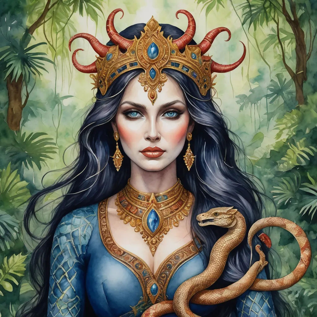 a woman with a snake in her hand and a crown on her head, in the jungle with trees, fantasy art, a detailed painting, Anne Stokes, epic fantasy character art