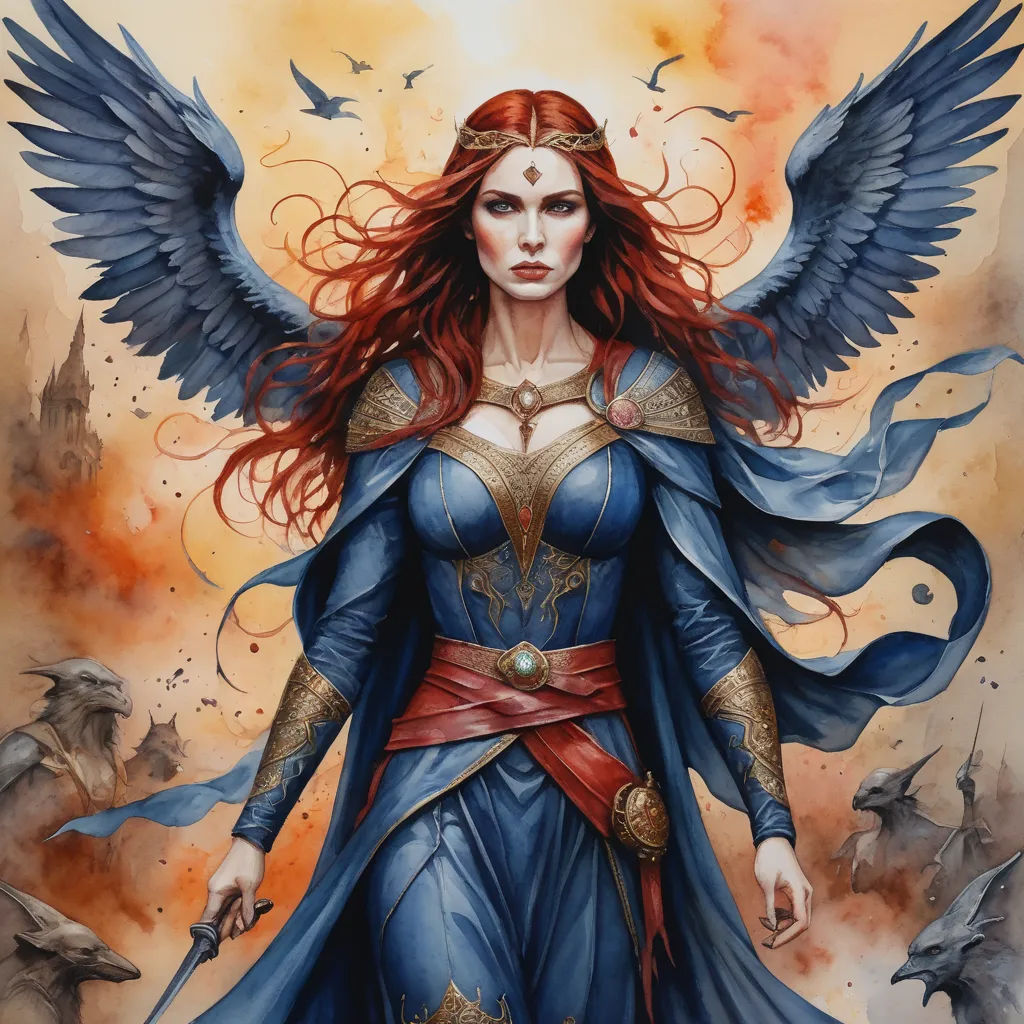 a painting of a woman with red hair and wings on her body, standing in front of a fire, fantasy art, a fine art painting, Art of Brom, magic the gathering artwork