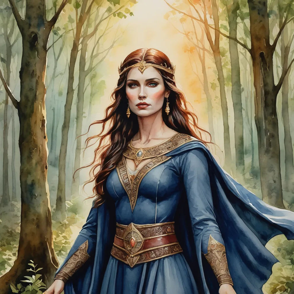 a painting of a woman in a blue dress in the woods with a crown on her head and a sword in her hand, fantasy art, a detailed painting, Donato Giancola, magic the gathering artwork