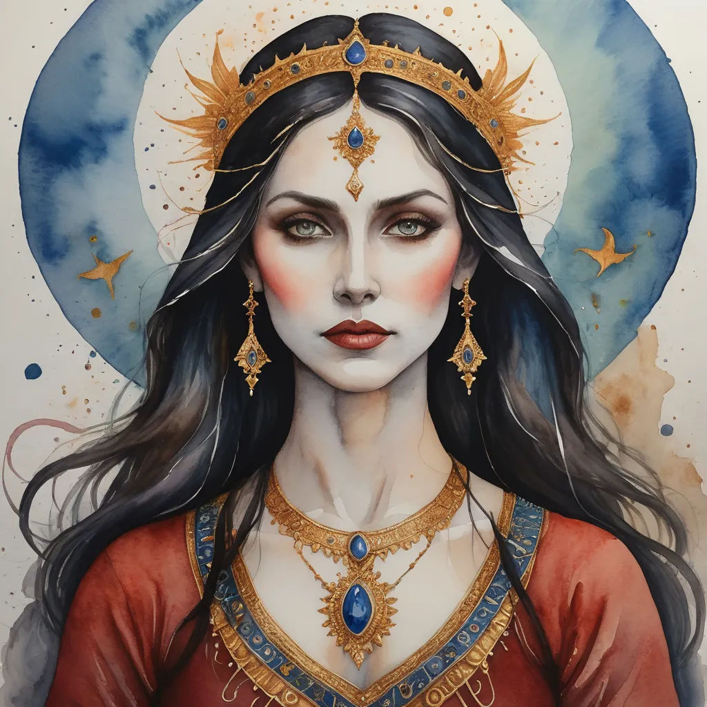 a painting of a woman with long hair and a crown on her head, wearing a red dress and gold jewelry, fantasy art, a detailed painting, Amanda Sage, trending on art station
