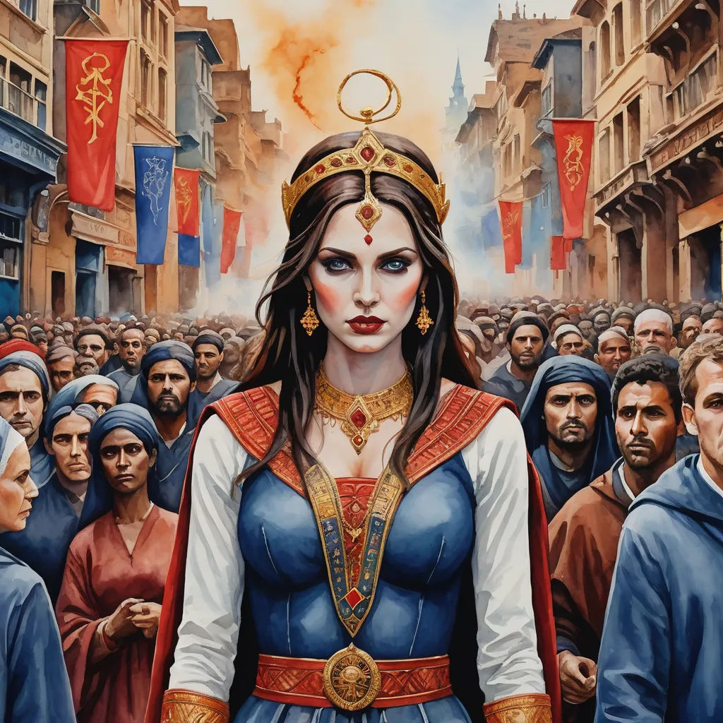 a painting of a woman in a blue dress surrounded by people in a crowd of buildings and flags, with a gold crown on her head, altermodern, a detailed painting, Donato Giancola, magic the gathering artwork