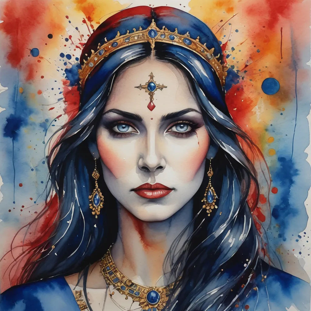 a painting of a woman wearing a crown and a blue dress with a cross on it's head, fantasy art, a watercolor painting, Aleksi Briclot, detailed painting
