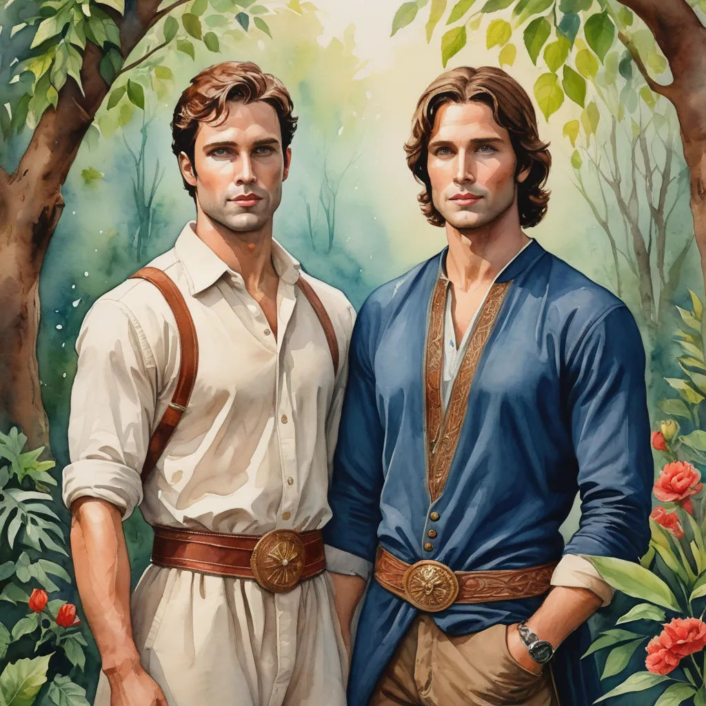 a painting of two men standing next to each other in a forest with flowers and trees around them, one of them is wearing a blue shirt and the other is a tan, pre-raphaelitism, a painting, Brothers Hildebrandt, kinkade