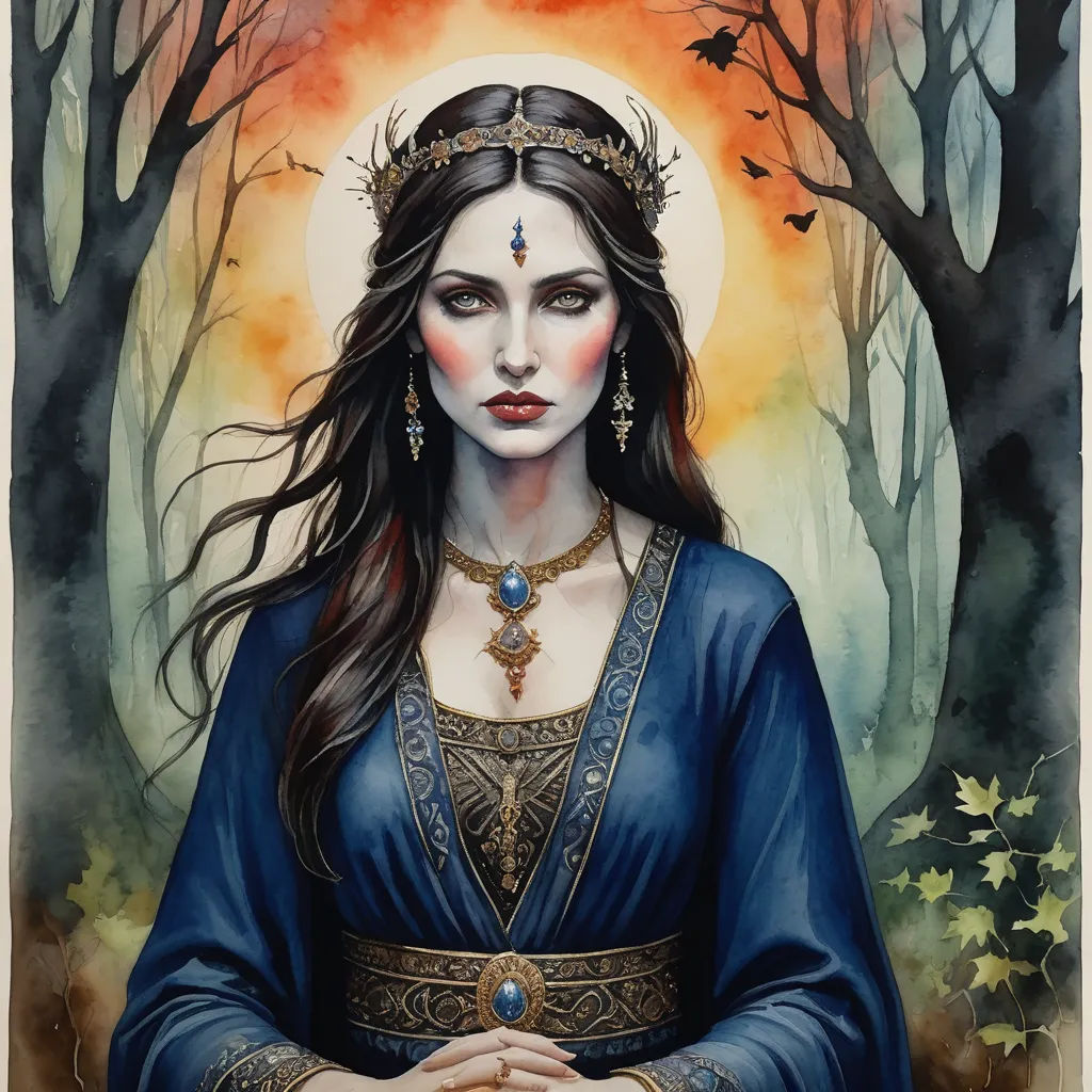 a painting of a woman with long hair and a crown on her head, in a forest with trees, gothic art, a detailed painting, Donato Giancola, trending on art station