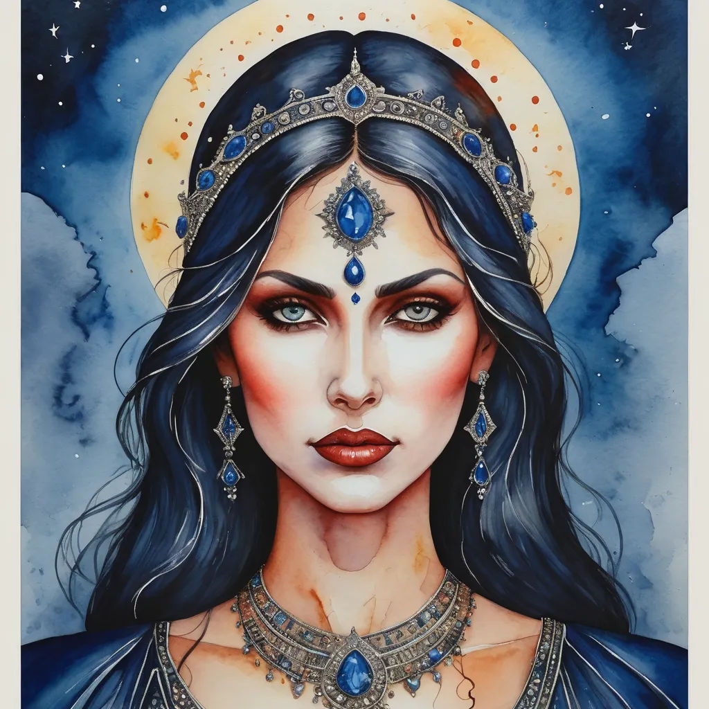 a painting of a woman with blue hair and a moon in the background with clouds and stars above her, gothic art, a detailed painting, Amanda Sage, beautiful detailed