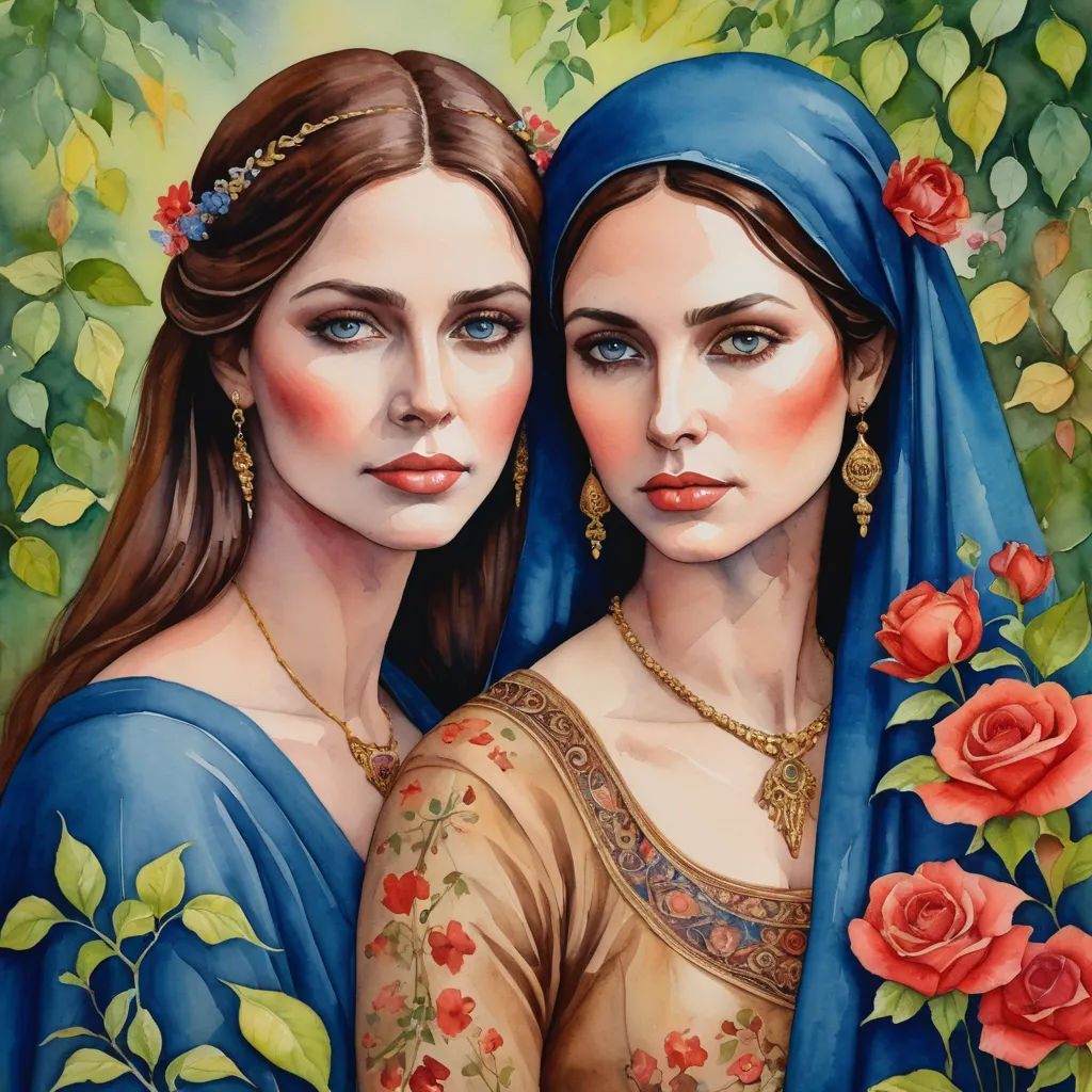 two women in blue dresses with roses on their heads and a painting of roses on their shoulders and shoulders, qajar art, a detailed painting, Amanda Sage, detailed painting