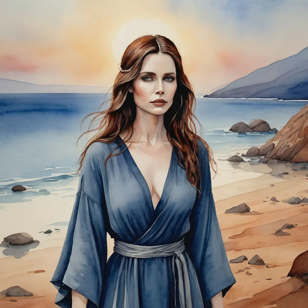a painting of a woman standing on a beach near the ocean with a sunset in the background and a rocky shore, figurative art, a detailed painting, Christophe Vacher, magic the gathering artwork