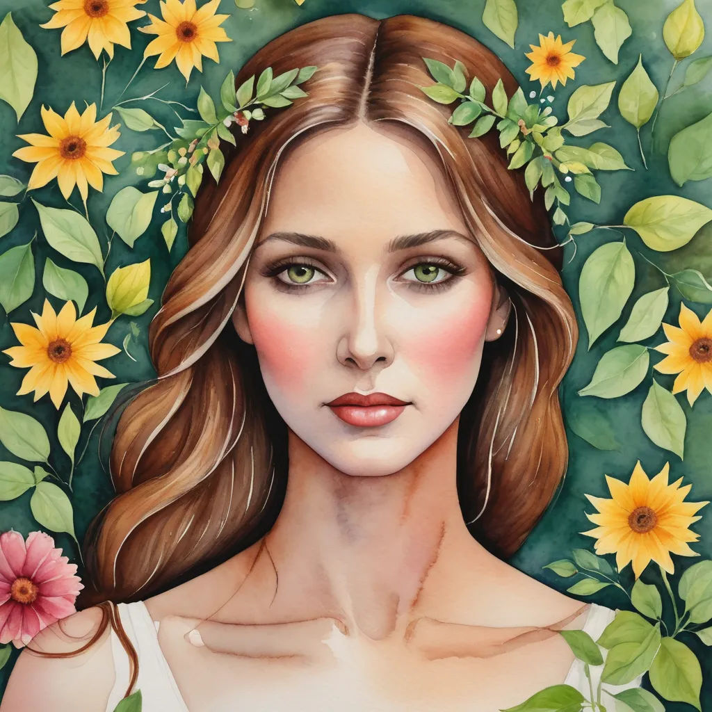 a painting of a woman with flowers around her neck and shoulders, with a green background and yellow flowers around her neck, figurative art, a detailed painting, Amanda Sage, in gouache detailed paintings