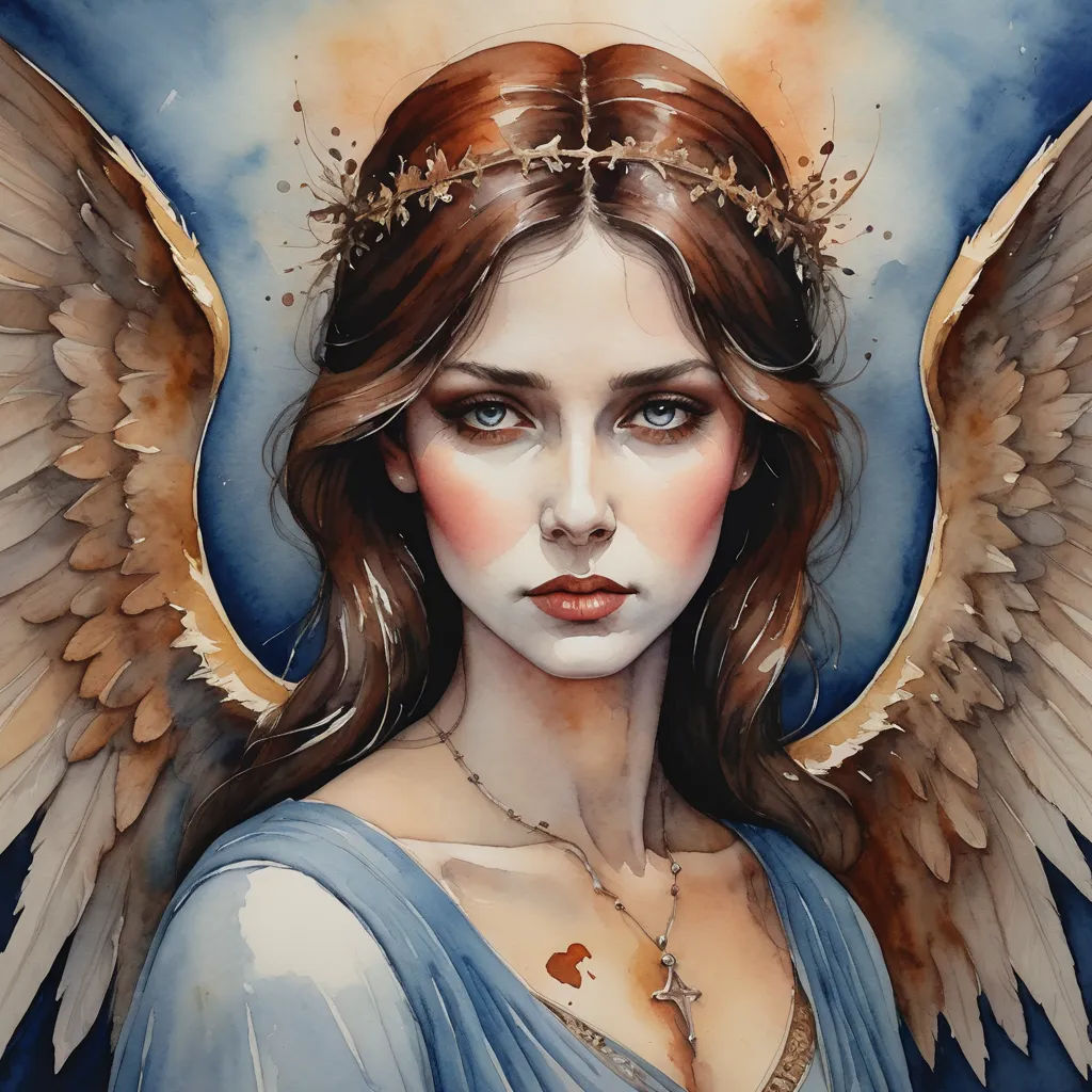 a painting of a woman with wings on her head and a halo around her head, with a blue background, gothic art, a detailed painting, Anne Stokes, stanley artgerm lau