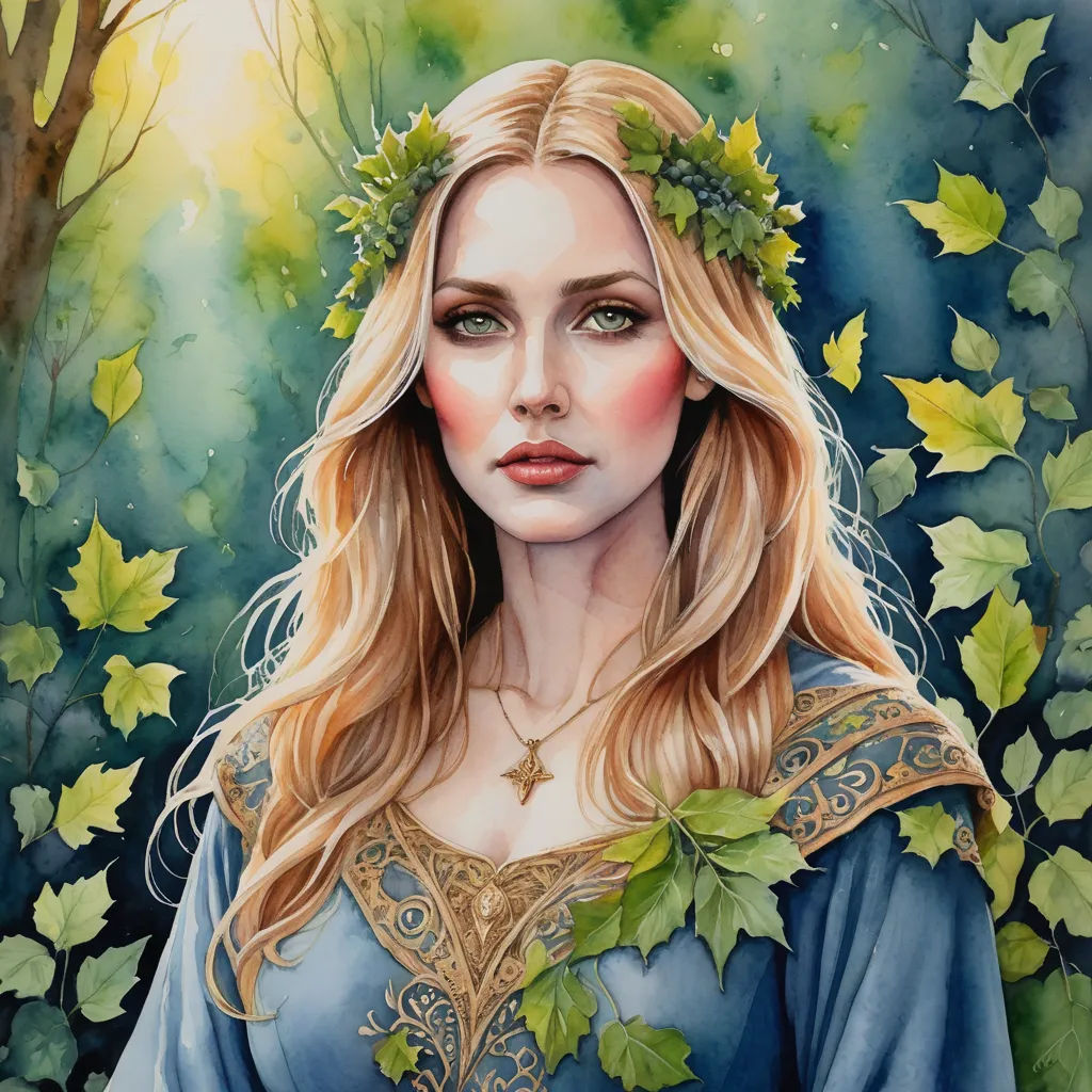 a painting of a woman with long blonde hair and a crown of leaves on her head, in a blue dress, fantasy art, a detailed painting, Amanda Sage, in gouache detailed paintings