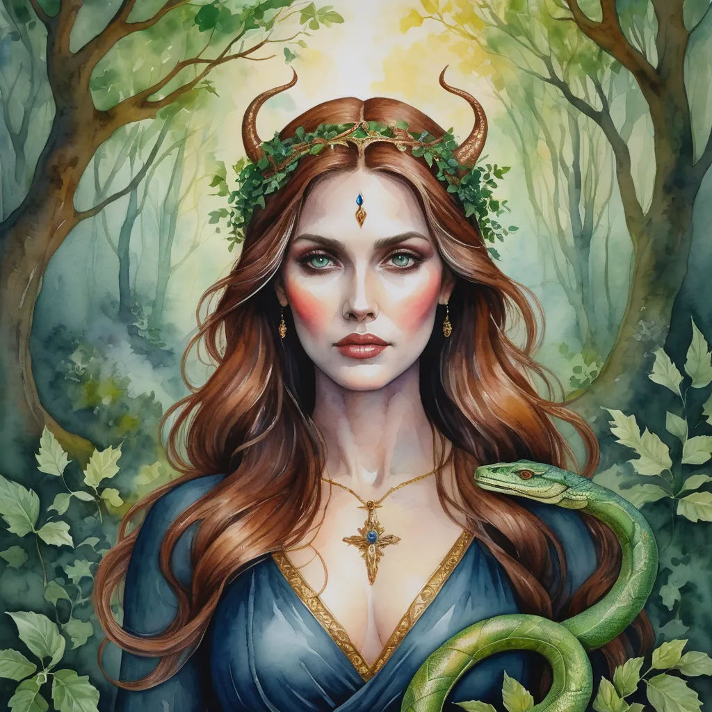 a painting of a woman with a snake on her shoulder and a crown on her head, in a forest, fantasy art, a detailed painting, Anne Stokes, enchanting