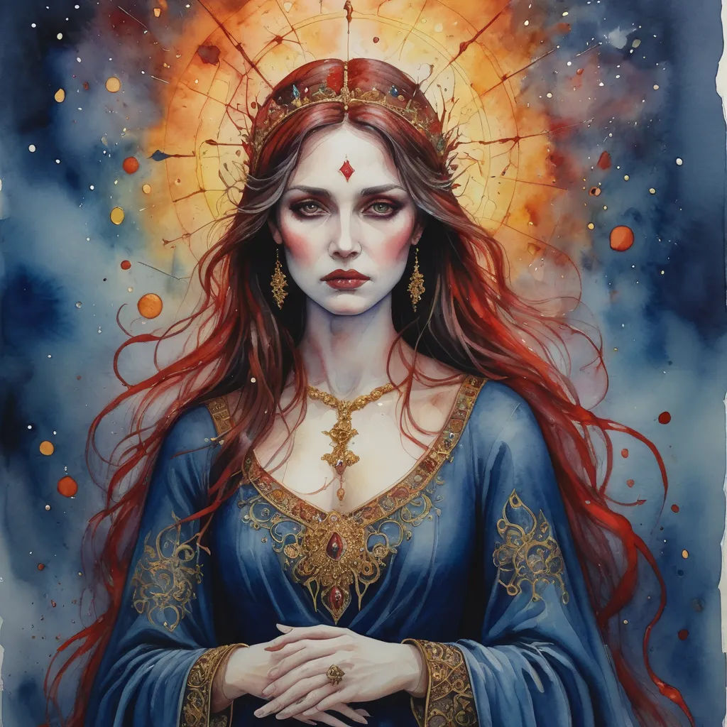 a painting of a woman with red hair and a crown on her head, wearing a blue dress and holding a cross, gothic art, a fine art painting, Donato Giancola, mystical