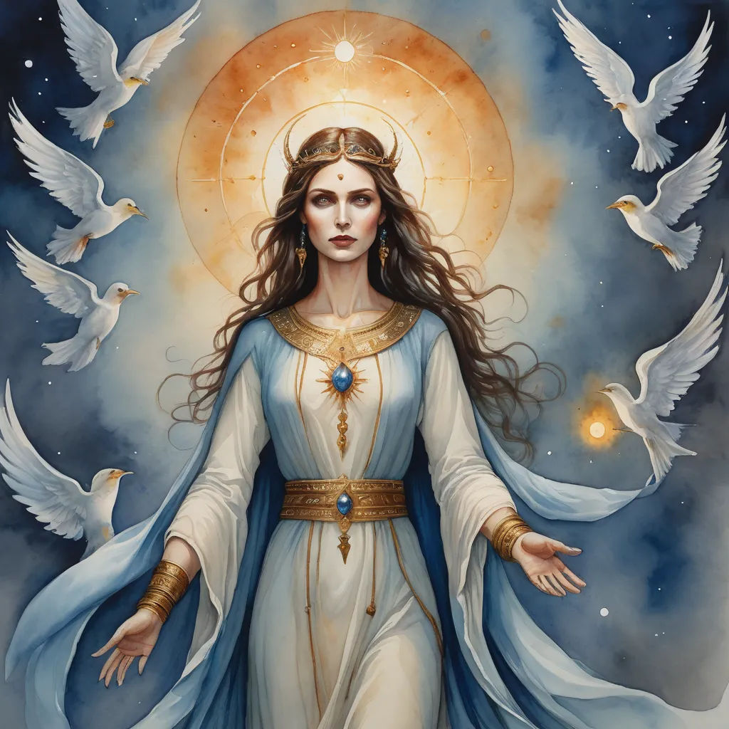 a painting of a woman with long hair and a halo around her neck and hands outstretched, surrounded by birds, fantasy art, a detailed painting, Donato Giancola, divinity