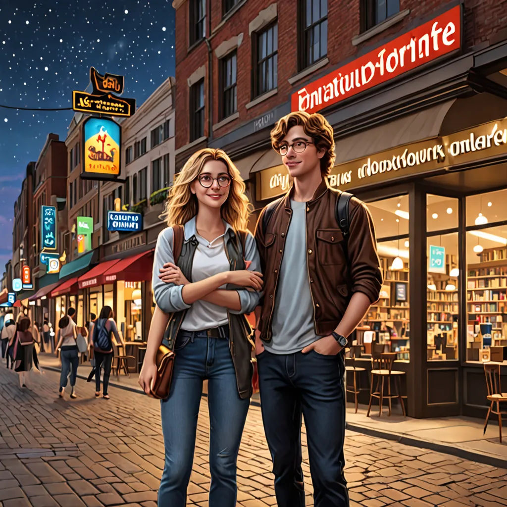 a man and a woman standing on a street corner in front of a store front with a night sky background, photorealism, a digital rendering, Evgeny Lushpin, dan mumford. octane render