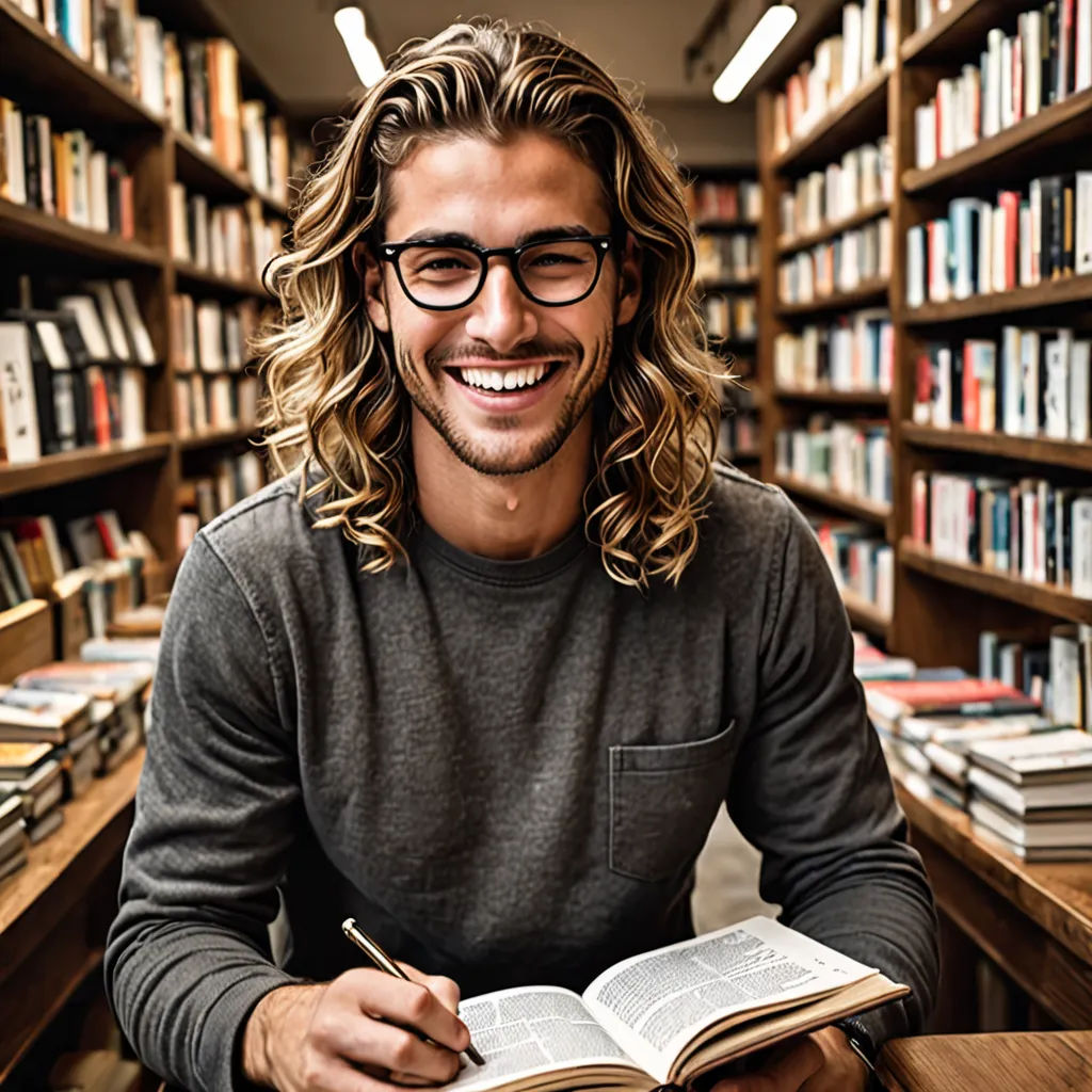 a man sitting at a table in a library with a book open and smiling at the camera with a book in front of him, academic art, a stock photo, Aaron Nagel, manga