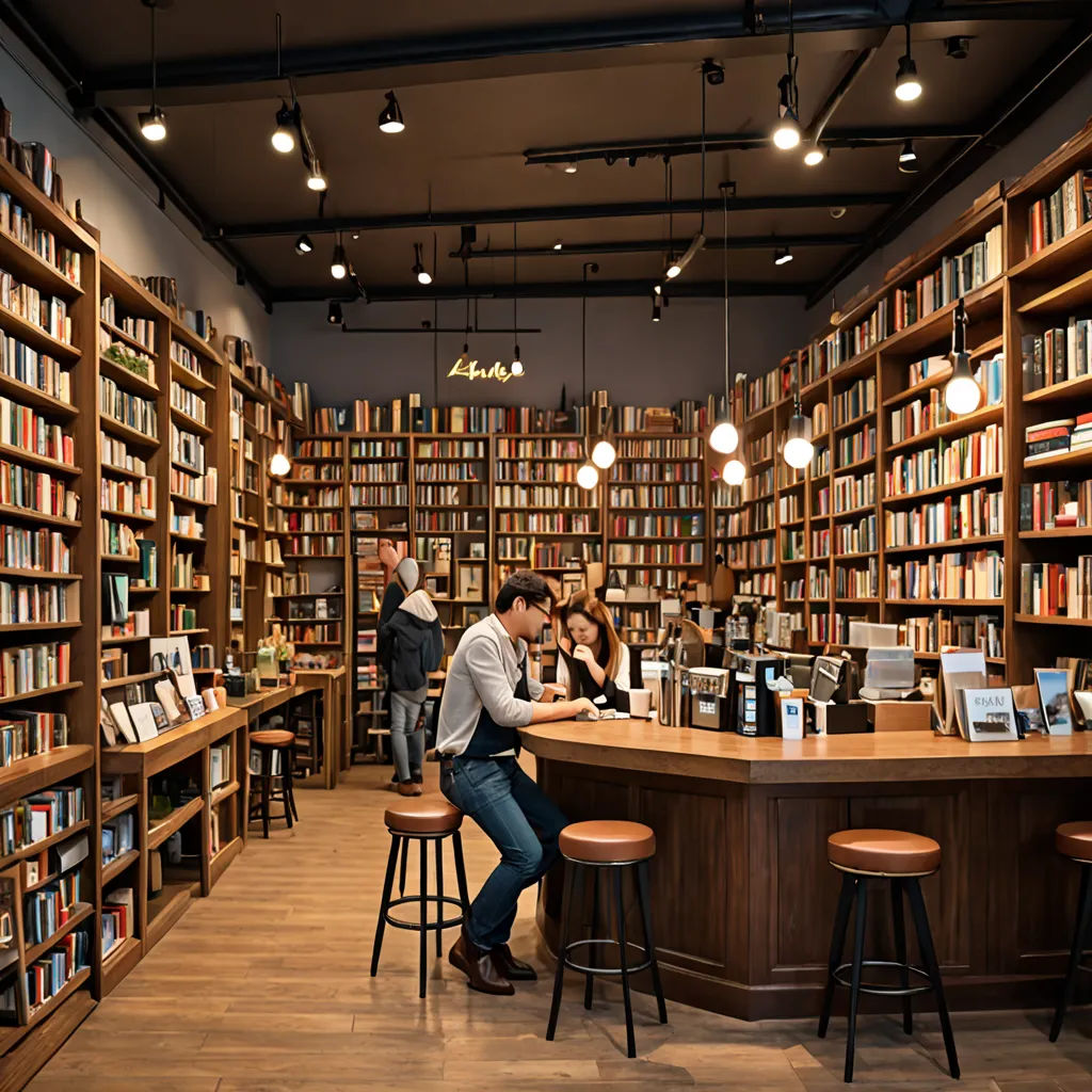 a man sitting at a bar in a library with a woman standing behind him and a man sitting at a bar, private press, a stock photo, Art & Language, manga