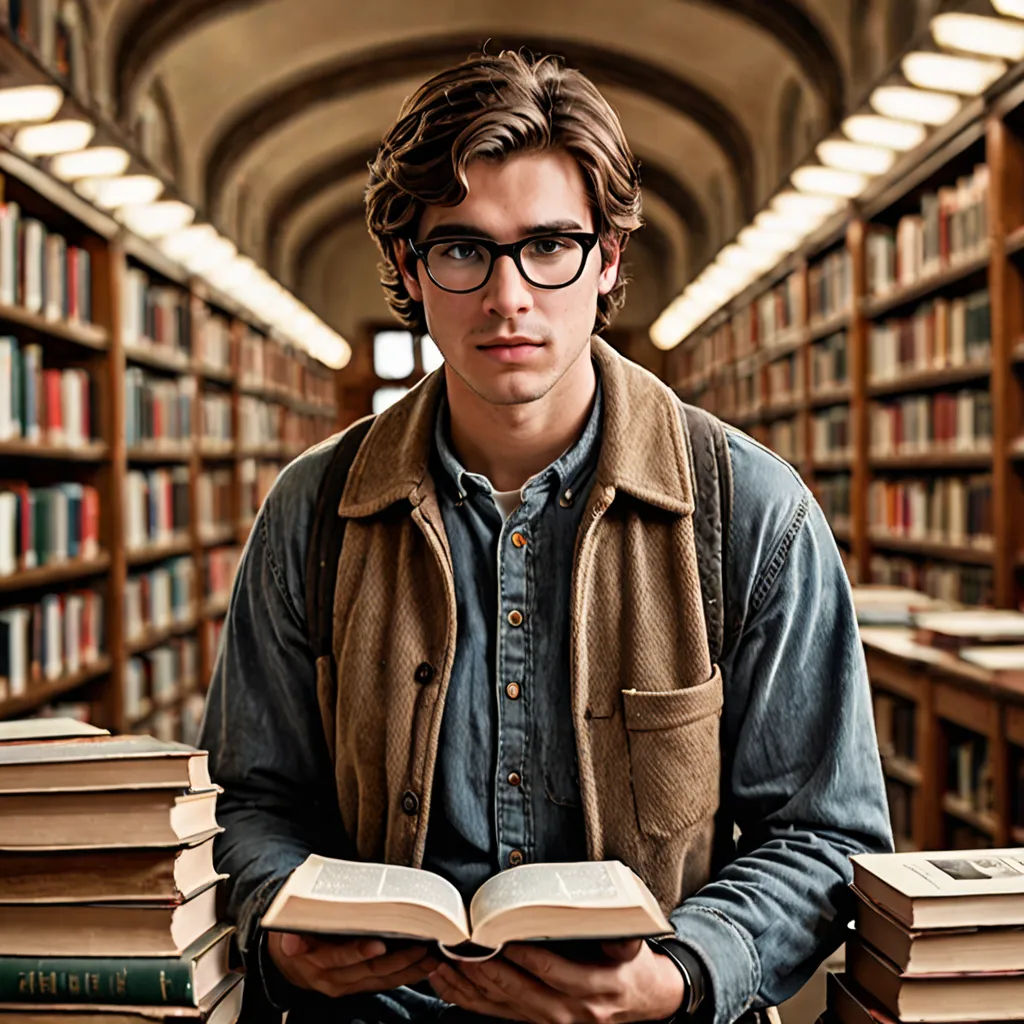 a man is standing in a library holding a book and looking at the camera with a lot of books on the shelves, academic art, a stock photo, Christian W. Staudinger, promotional image