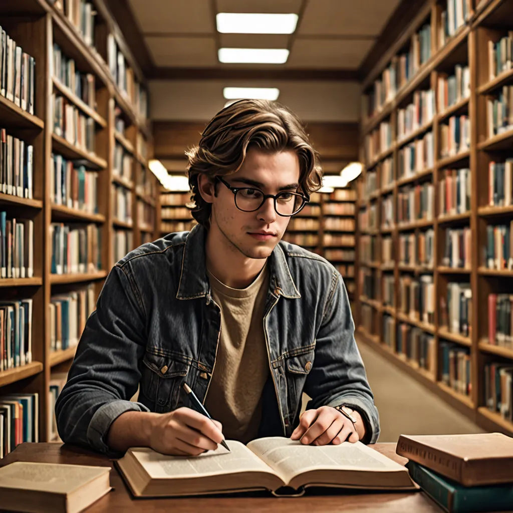a man sitting at a table in a library reading a book and writing something on a book page with a pen, academic art, a stock photo, Adam Szentpétery, promotional image
