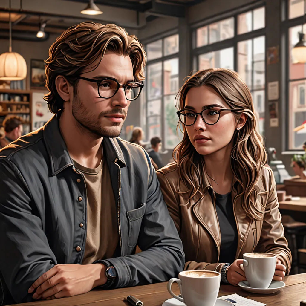 a man and a woman sitting at a table with a cup of coffee in front of them, looking at each other, photorealism, a photorealistic painting, Colin Middleton, highly detailed digital painting