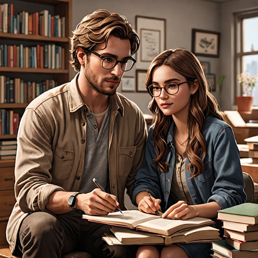 a man and a woman sitting on a chair in front of a bookcase with books on it and a pen in their hand, photorealism, computer graphics, Christian Hilfgott Brand, ultra realistic illustration
