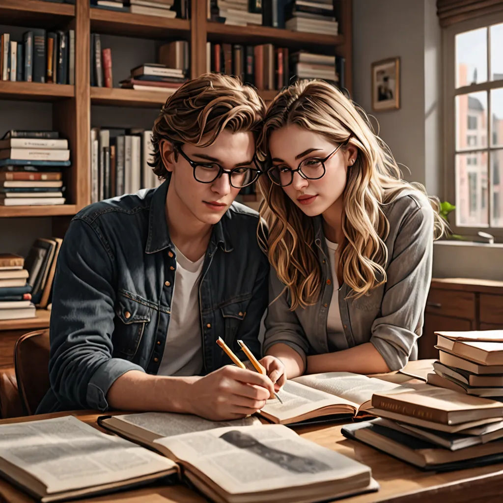a man and a woman sitting at a table with books and a pen in front of them, looking at a book, academic art, a stock photo, Art & Language, glasses