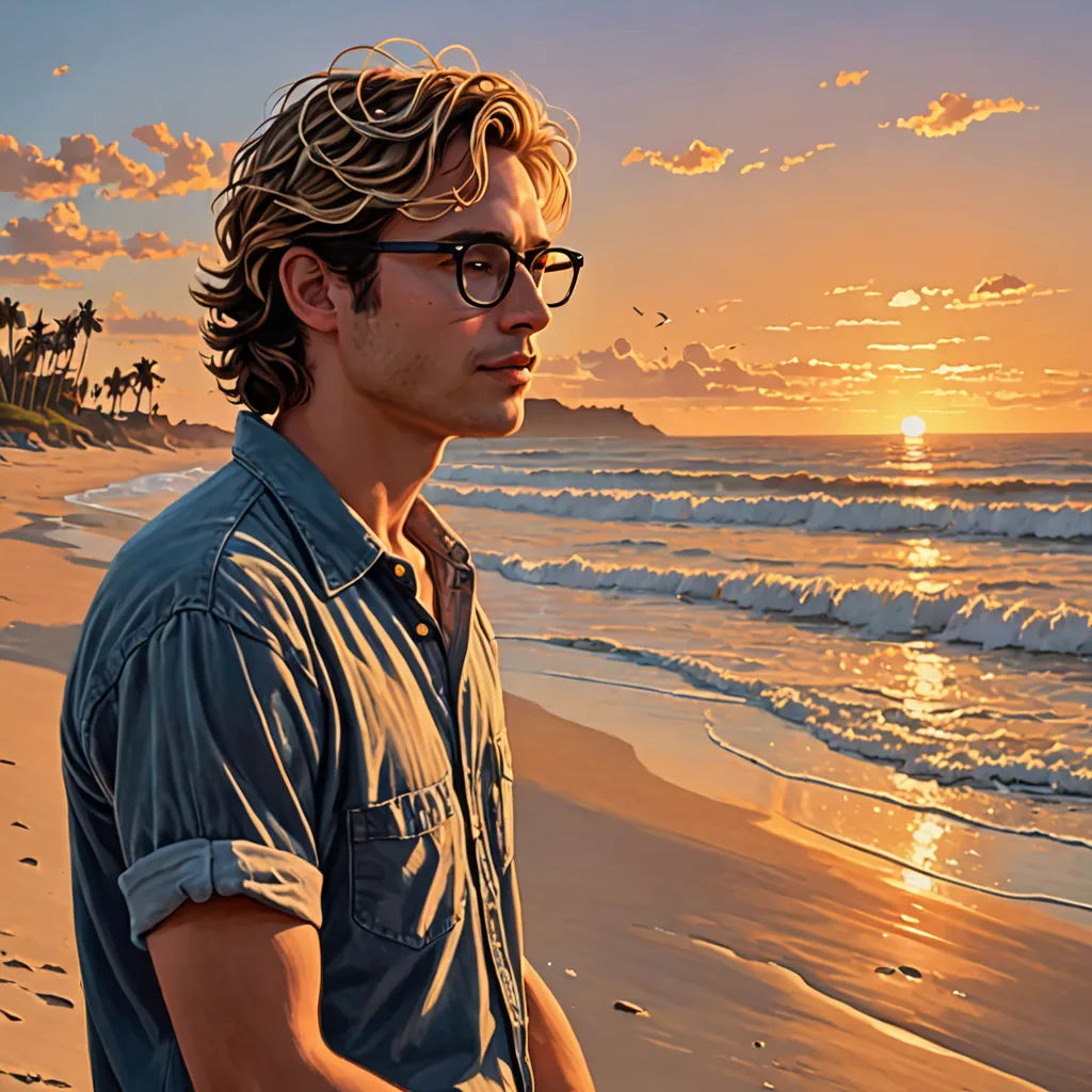 a man standing on a beach next to the ocean at sunset with a surfboard in his hand and a bird flying over his head, photorealism, a hyperrealistic painting, Colin Middleton, extremely detailed oil painting