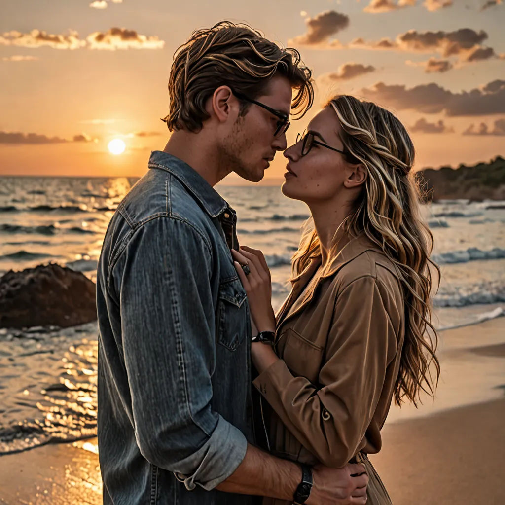a man and a woman standing on a beach at sunset kissing each other and kissing the woman's forehead, romanticism, a stock photo, Caspar Wolf, cinematic photography