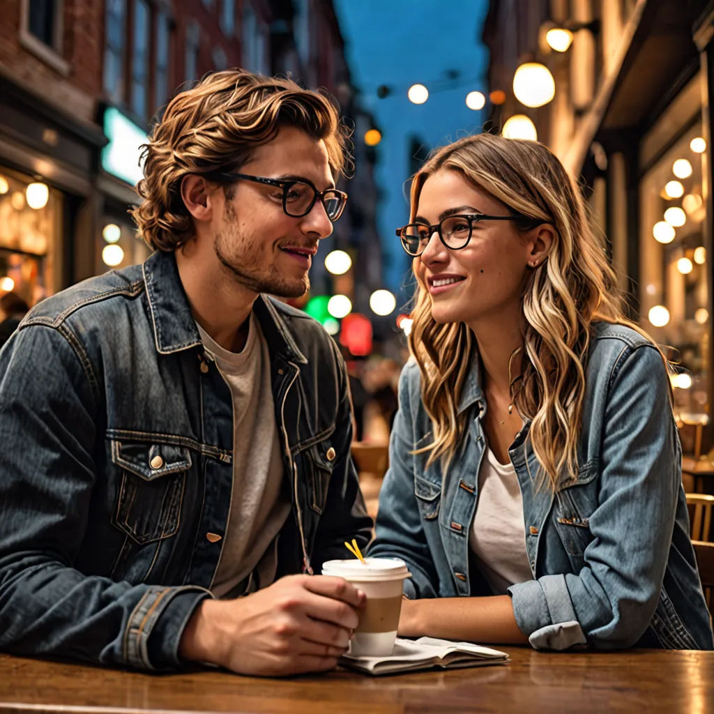 a man and a woman sitting at a table together and smiling at each other with a cup of coffee, american romanticism, a stock photo, Christian Hilfgott Brand, glasses