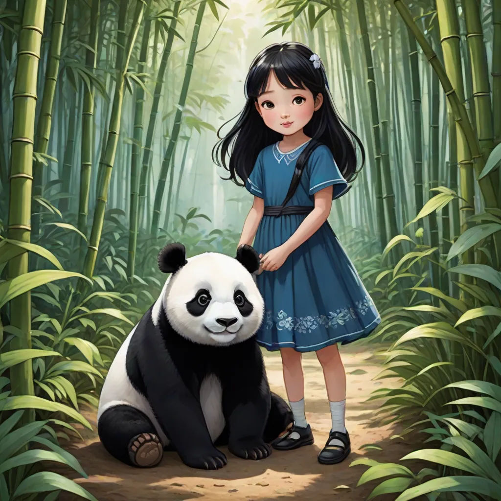 a girl in a blue dress standing next to a panda bear in a bamboo forest with bamboo trees behind her, Chen Lin, magical realism, a storybook illustration, official art