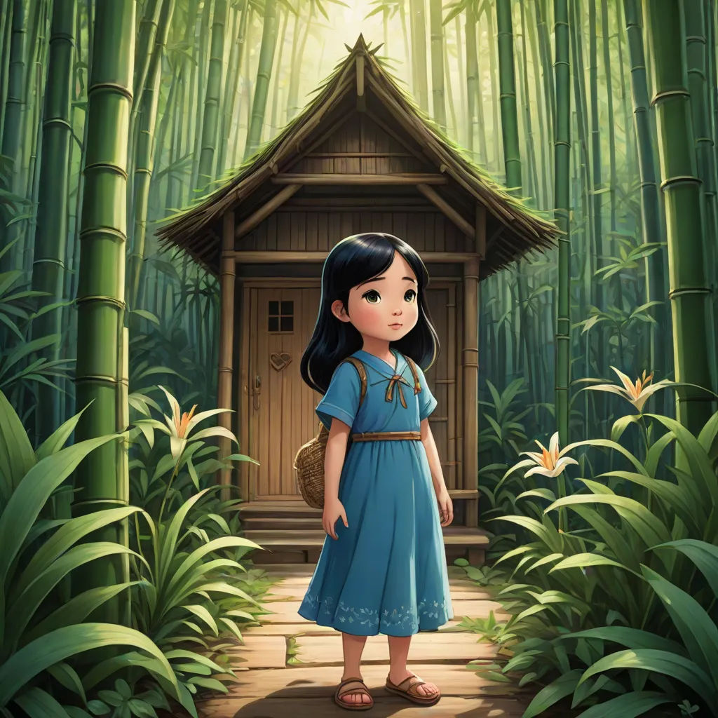 a girl standing in front of a bamboo hut in the jungle with a bamboo tree in the background and a bamboo forest behind her, Alice Prin, cloisonnism, a storybook illustration, promotional image