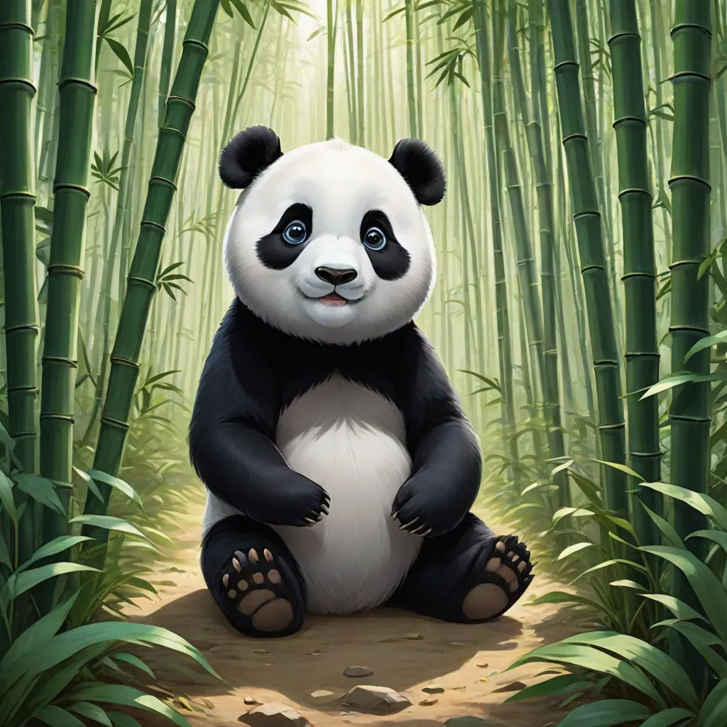 a panda bear sitting in the middle of a bamboo forest with bamboo trees in the background and a sunbeam, Ding Guanpeng, furry art, a digital painting, 2 d game art