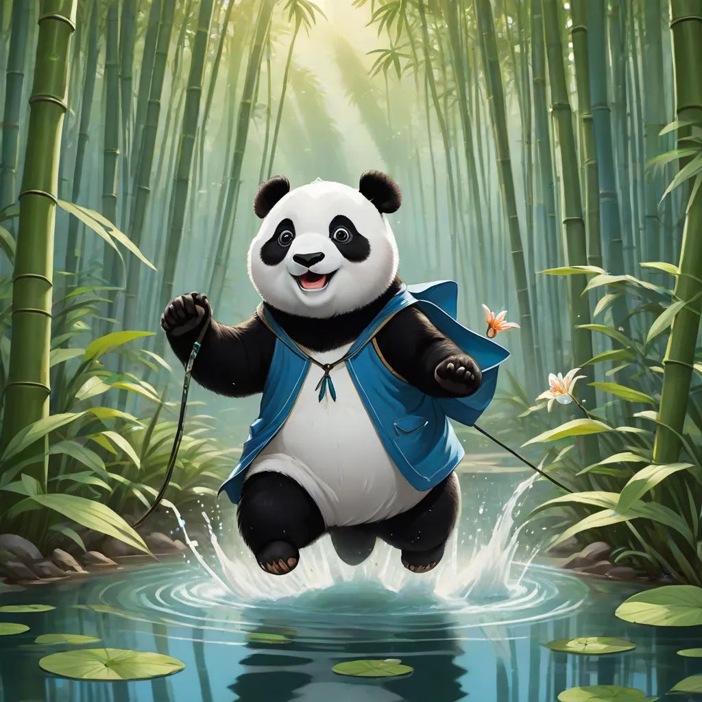 a panda bear is in the water with a stick in his hand and a bamboo tree in the background, Chris LaBrooy, altermodern, a painting, magic the gathering artwork
