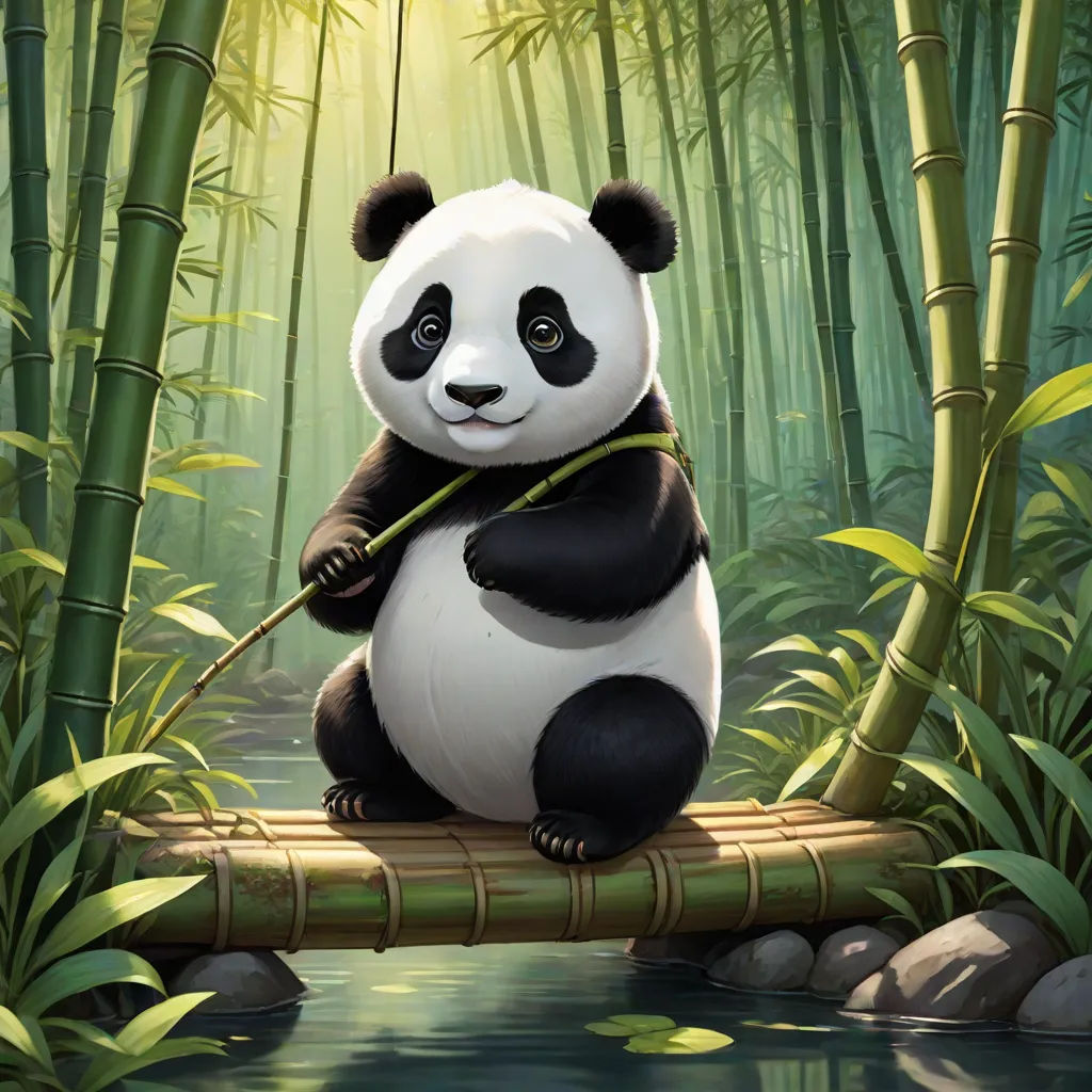 a panda bear sitting on a bamboo raft in a bamboo forest with bamboo trees and water in the background, Art of Brom, fantasy art, a digital painting, magic the gathering artwork