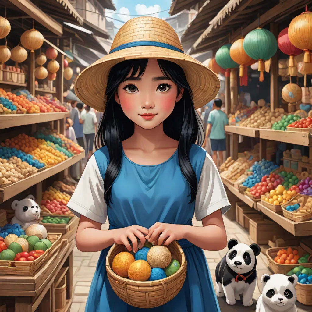 a girl holding a basket of eggs in a market with a panda and other animals nearby in a painting, Chen Lin, magical realism, a storybook illustration, highly detailed digital painting