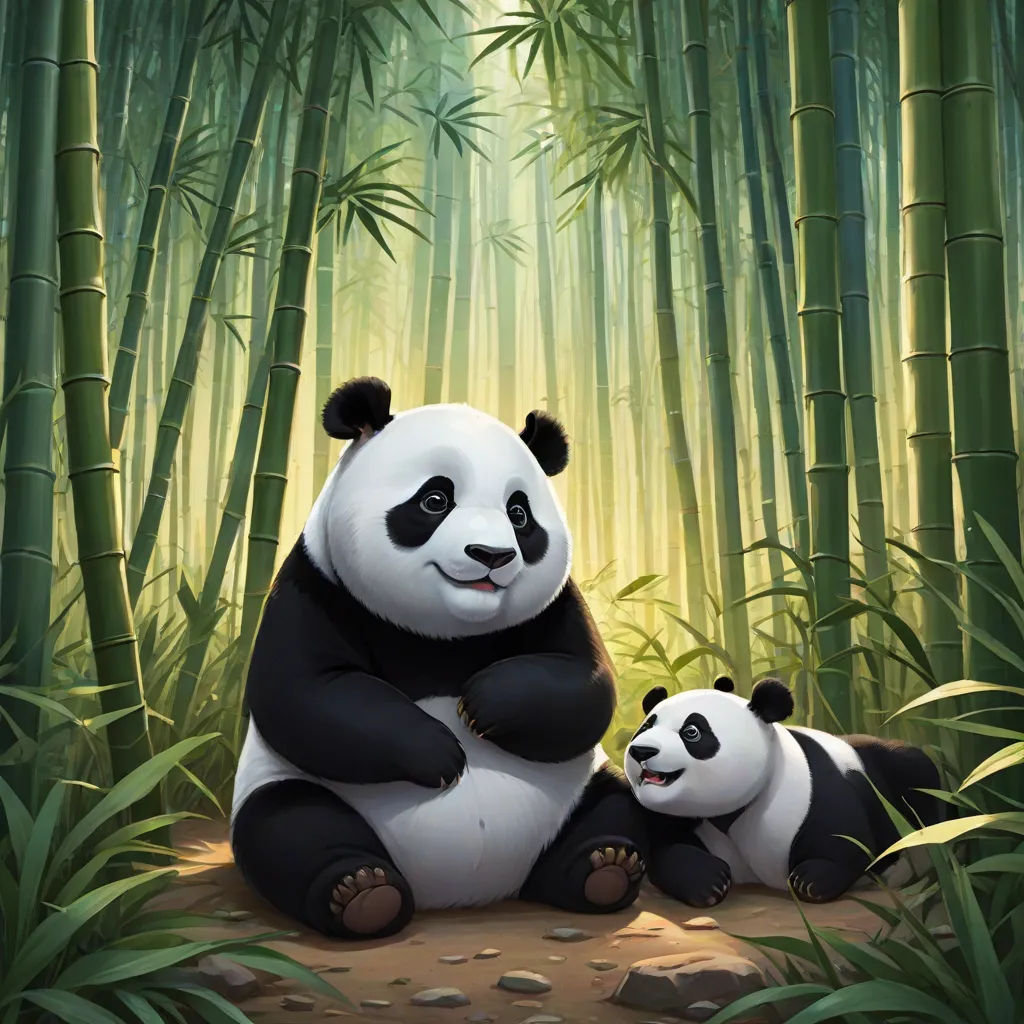 a panda bear sitting next to a baby panda bear in a bamboo forest with bamboo trees in the background, Fan Qi, fantasy art, a painting, official art