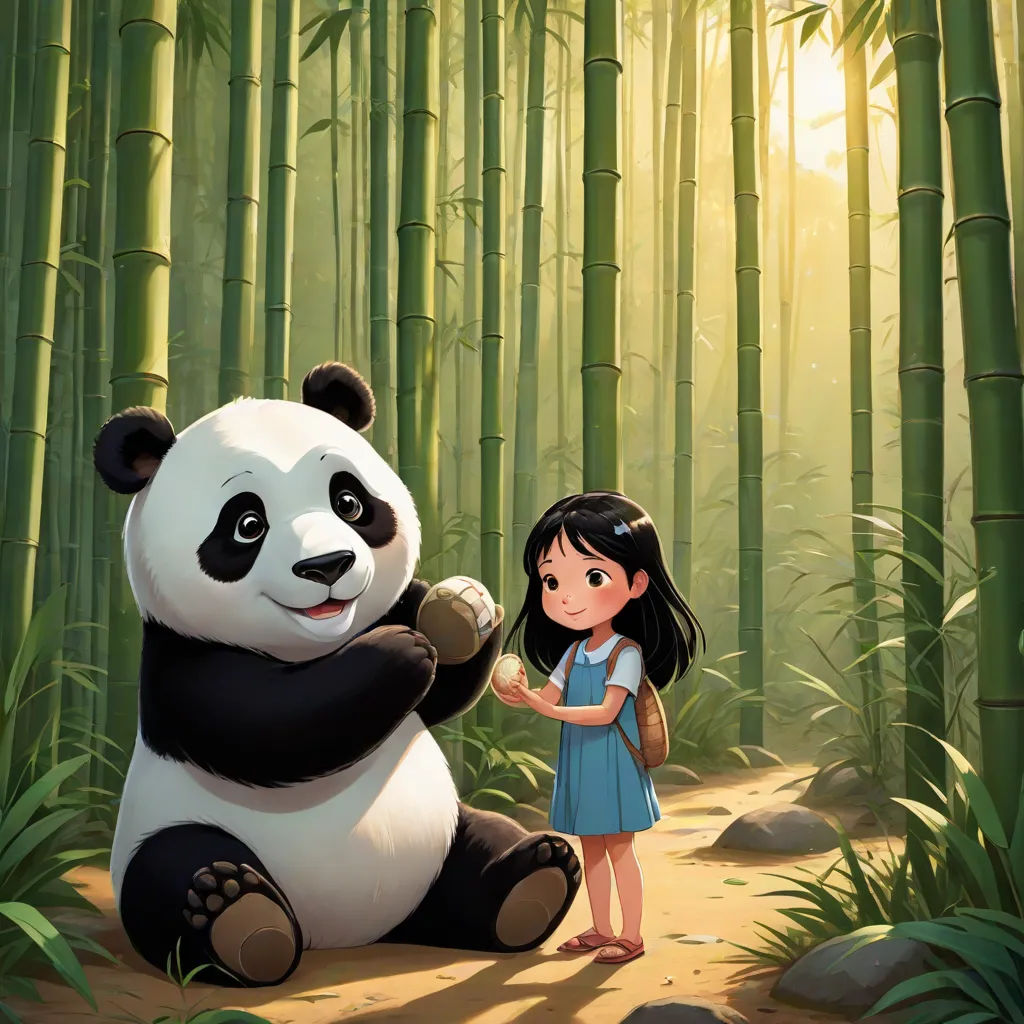 a girl standing next to a panda bear in a forest of bamboo trees with the sun shining through the trees, Fan Qi, fantasy art, a storybook illustration, official art