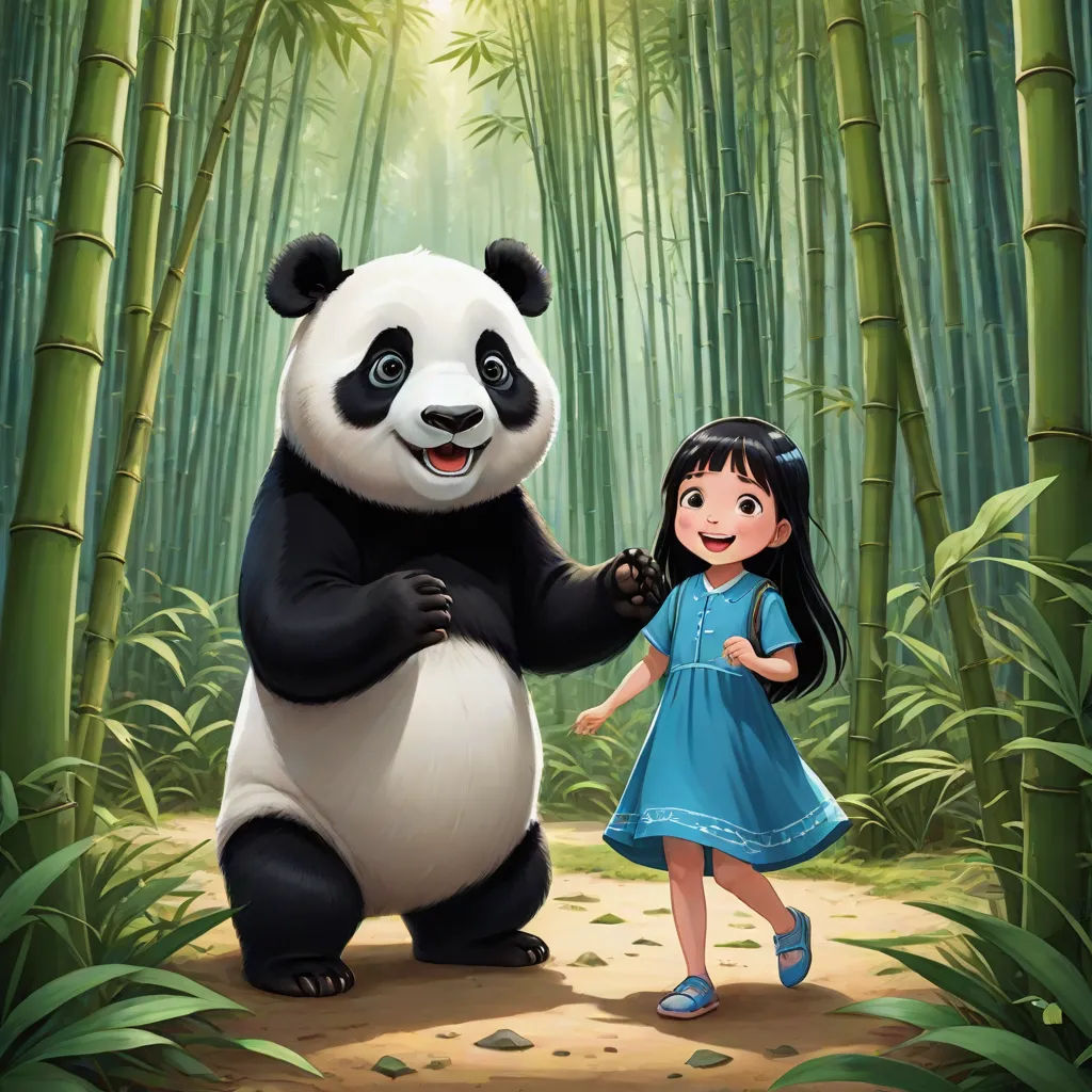 a girl and a panda in a bamboo forest with bamboo trees and sunlight shining through the trees and leaves, Fan Qi, cloisonnism, a storybook illustration, official art