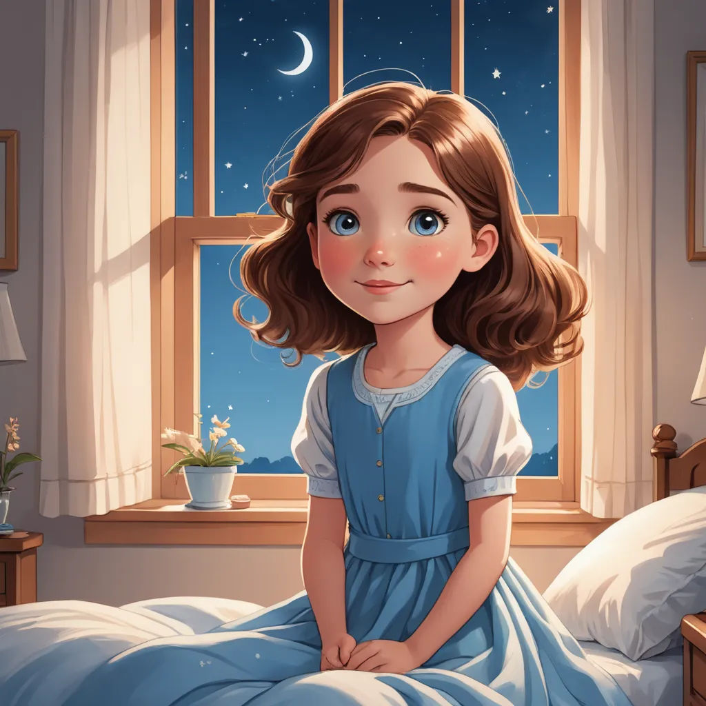 a girl in a blue dress sitting on a bed looking out a window at the night sky and stars, space art, a storybook illustration, Alice Prin, storybook illustration