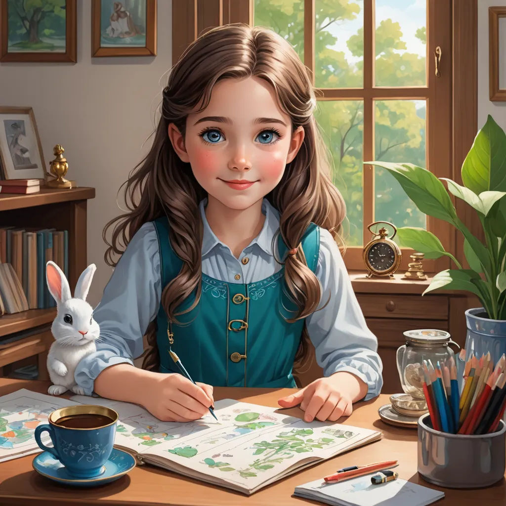 a painting of a girl sitting at a desk with a bunny and a book in front of her and a cup of coffee, computer art, a storybook illustration, artist, trending on art station