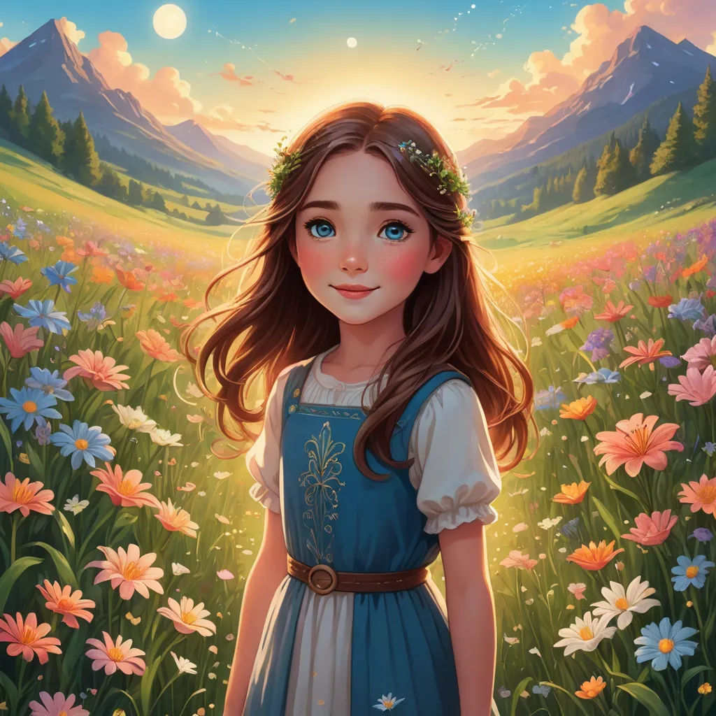 a painting of a girl in a field of flowers with a mountain in the background and a full moon, fantasy art, a storybook illustration, Alice Prin, trending on art station