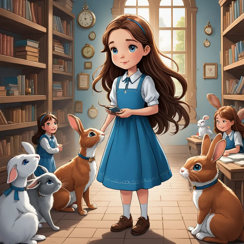 a girl in a blue dress surrounded by rabbits and rabbits in a library with a clock on the wall, fantasy art, a storybook illustration, Alice Prin, storybook illustration