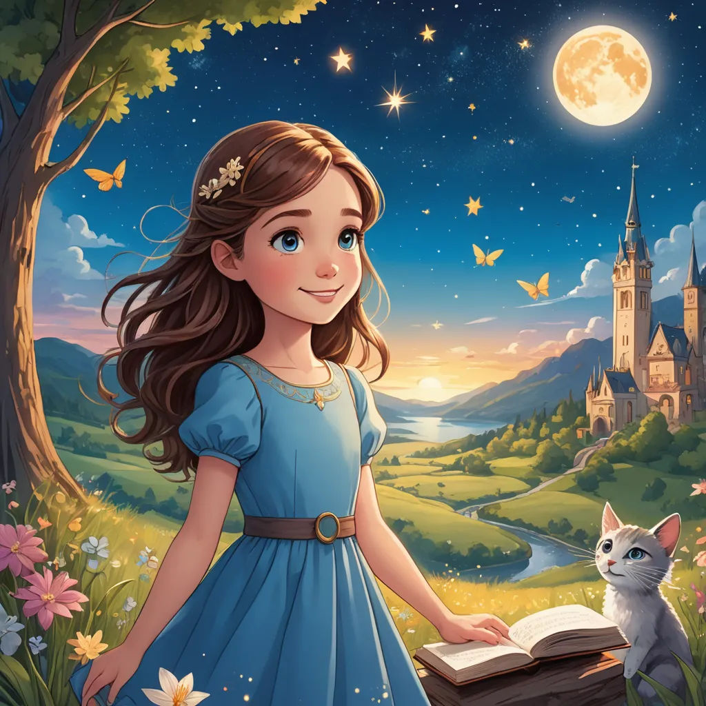a girl in a blue dress is holding a book and a cat is looking at it in the distance, fantasy art, a storybook illustration, Alice Prin, storybook illustration