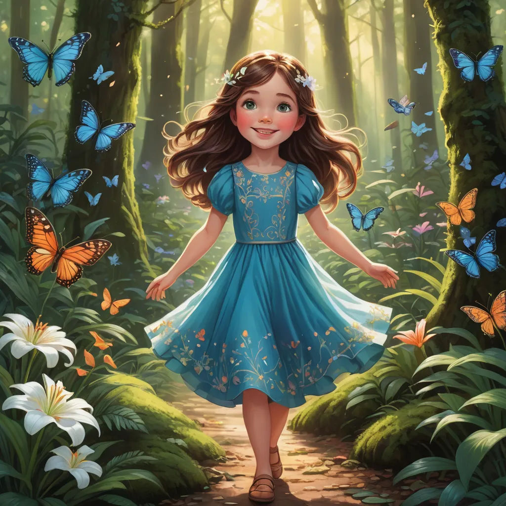 a girl in a blue dress walking through a forest with butterflies around her and a butterfly in her hair, magical realism, a storybook illustration, Arthur Hughes, storybook illustration